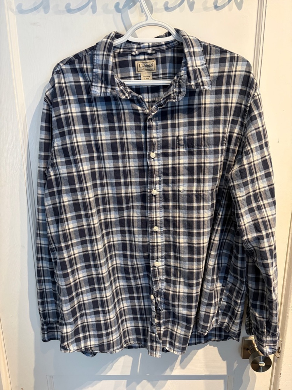 L.L. Bean Men's Navy and White Plaid Cotton Button-Down Shirt